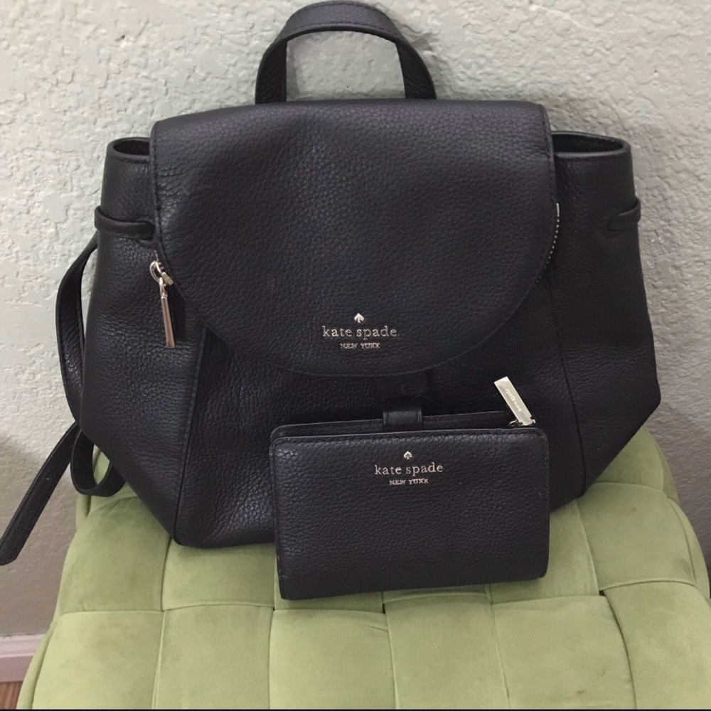 Kate Spade Black Leather Backpack and Wallet Set